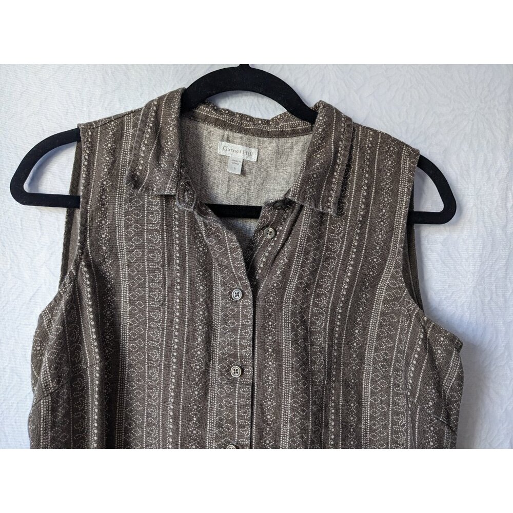 GARNET HILL 100% Linen Classic Sleeveless Full Button Pattern Shirtdress Size 8 - Picture 2 of 9